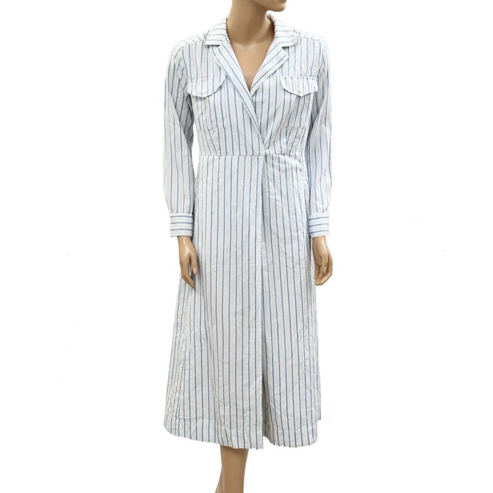 Sezane Wrap Style Striped Printed Midi Dress Long Sleeve Cotton M-38  287257